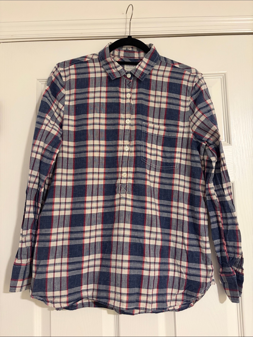 J. Crew Plaid Boy Fit Button-Down Shirt in Navy, White, & Red